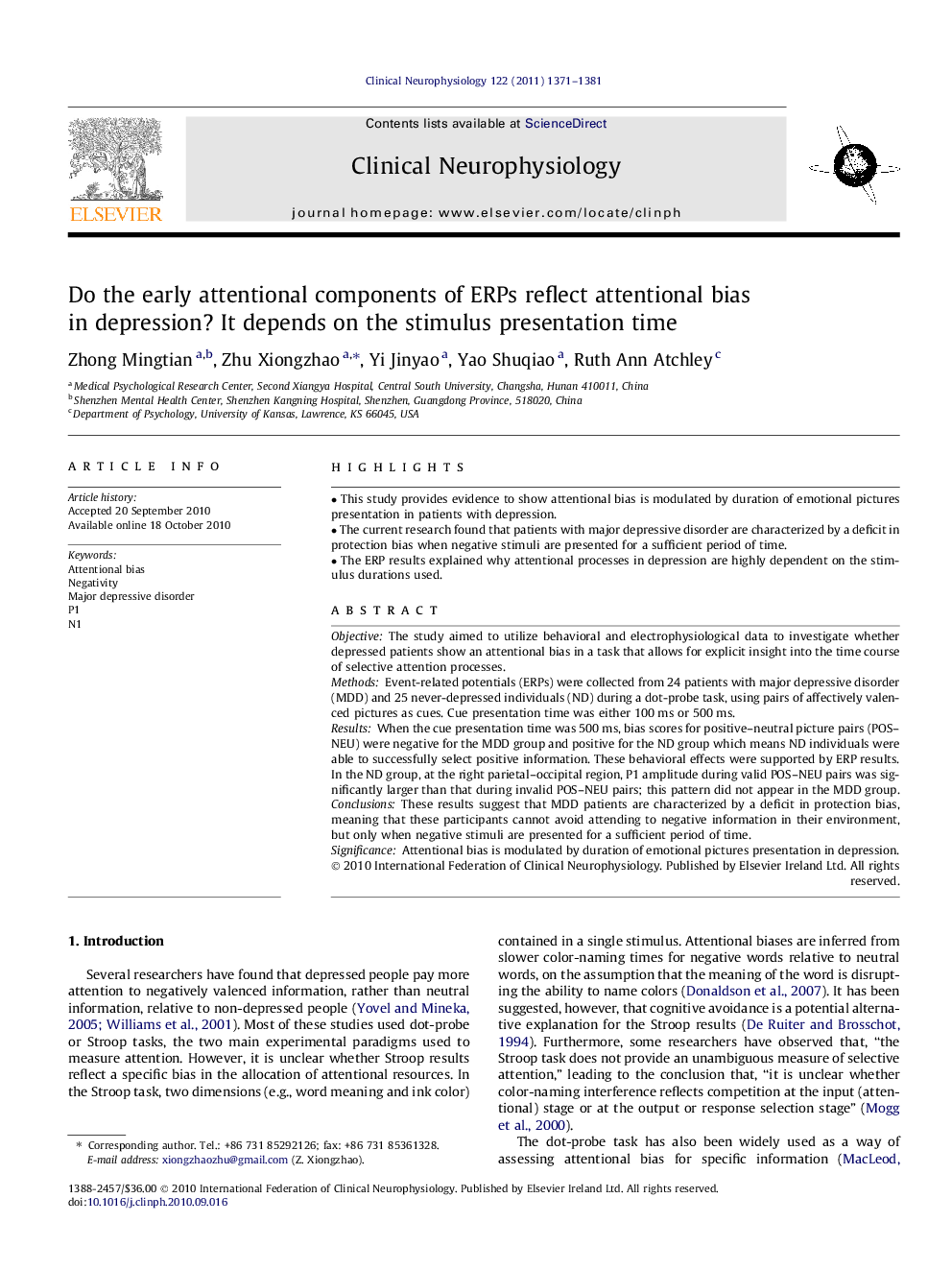 Do the early attentional components of ERPs reflect attentional bias in depression? It depends on the stimulus presentation time