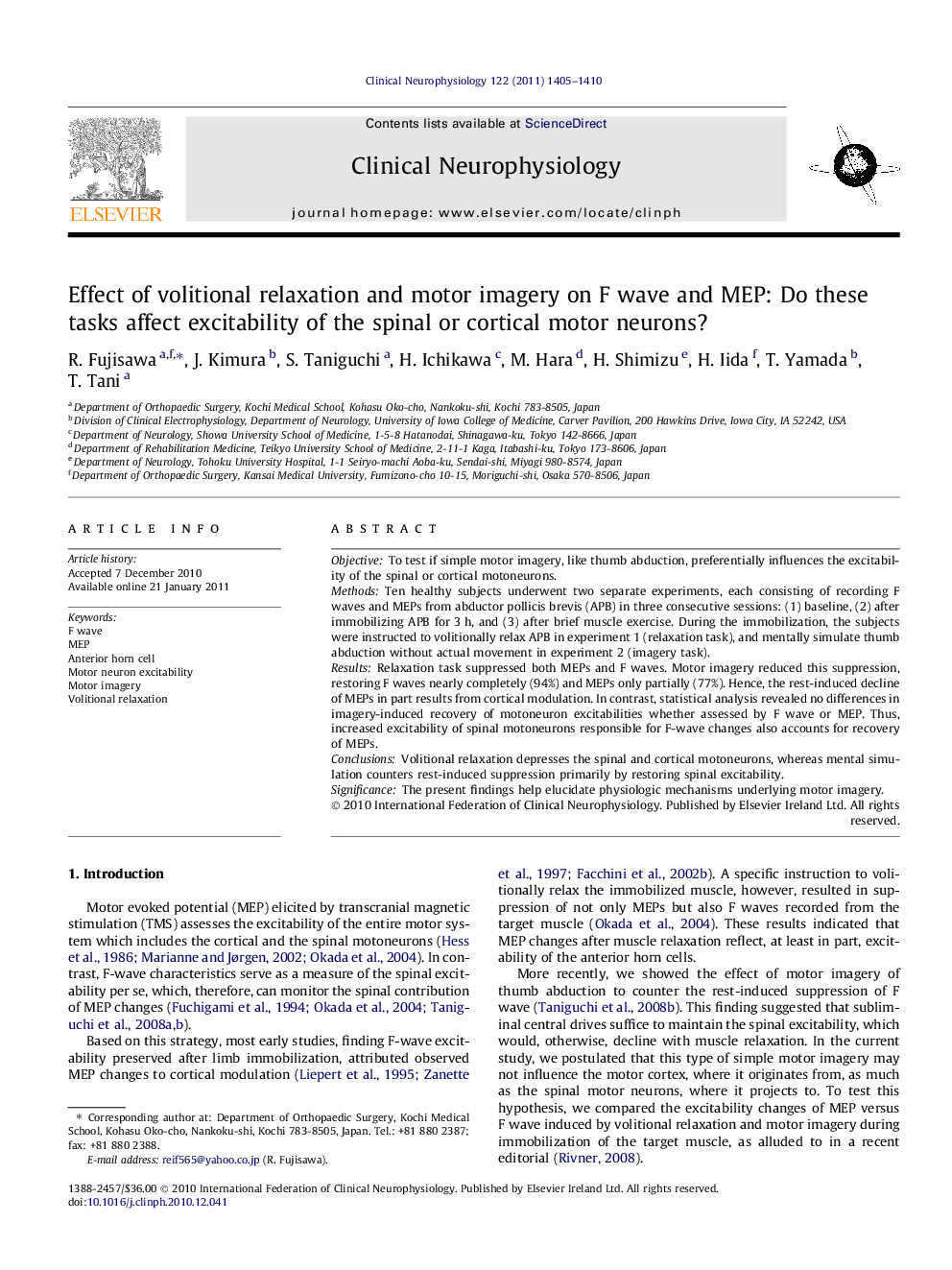 Effect of volitional relaxation and motor imagery on F wave and MEP: Do these tasks affect excitability of the spinal or cortical motor neurons?