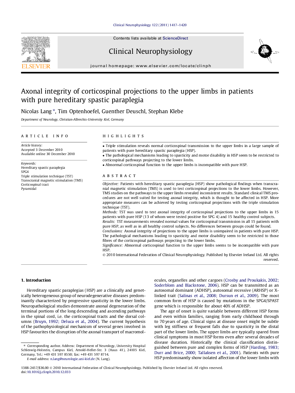 Axonal integrity of corticospinal projections to the upper limbs in patients with pure hereditary spastic paraplegia