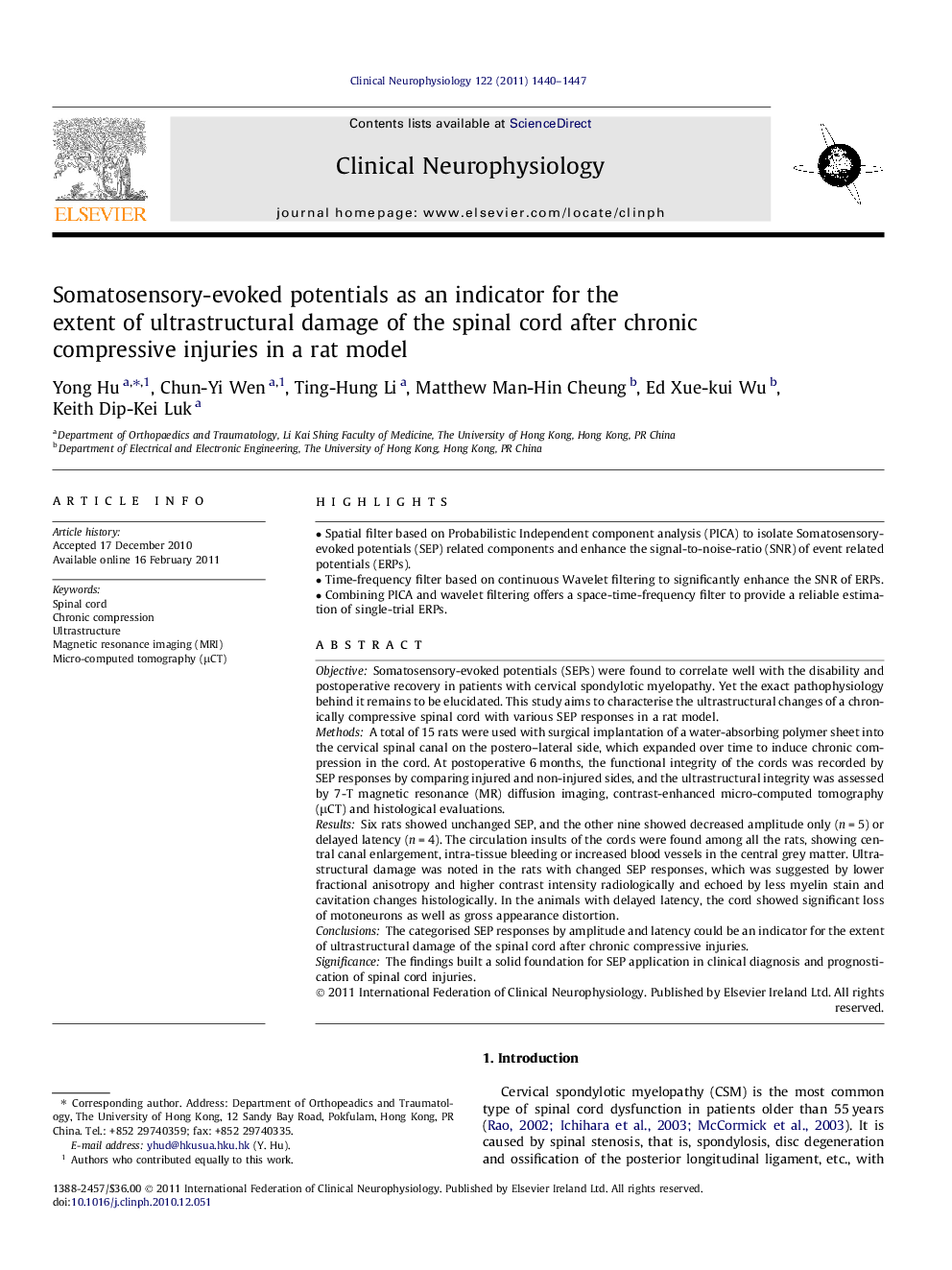 Somatosensory-evoked potentials as an indicator for the extent of ultrastructural damage of the spinal cord after chronic compressive injuries in a rat model