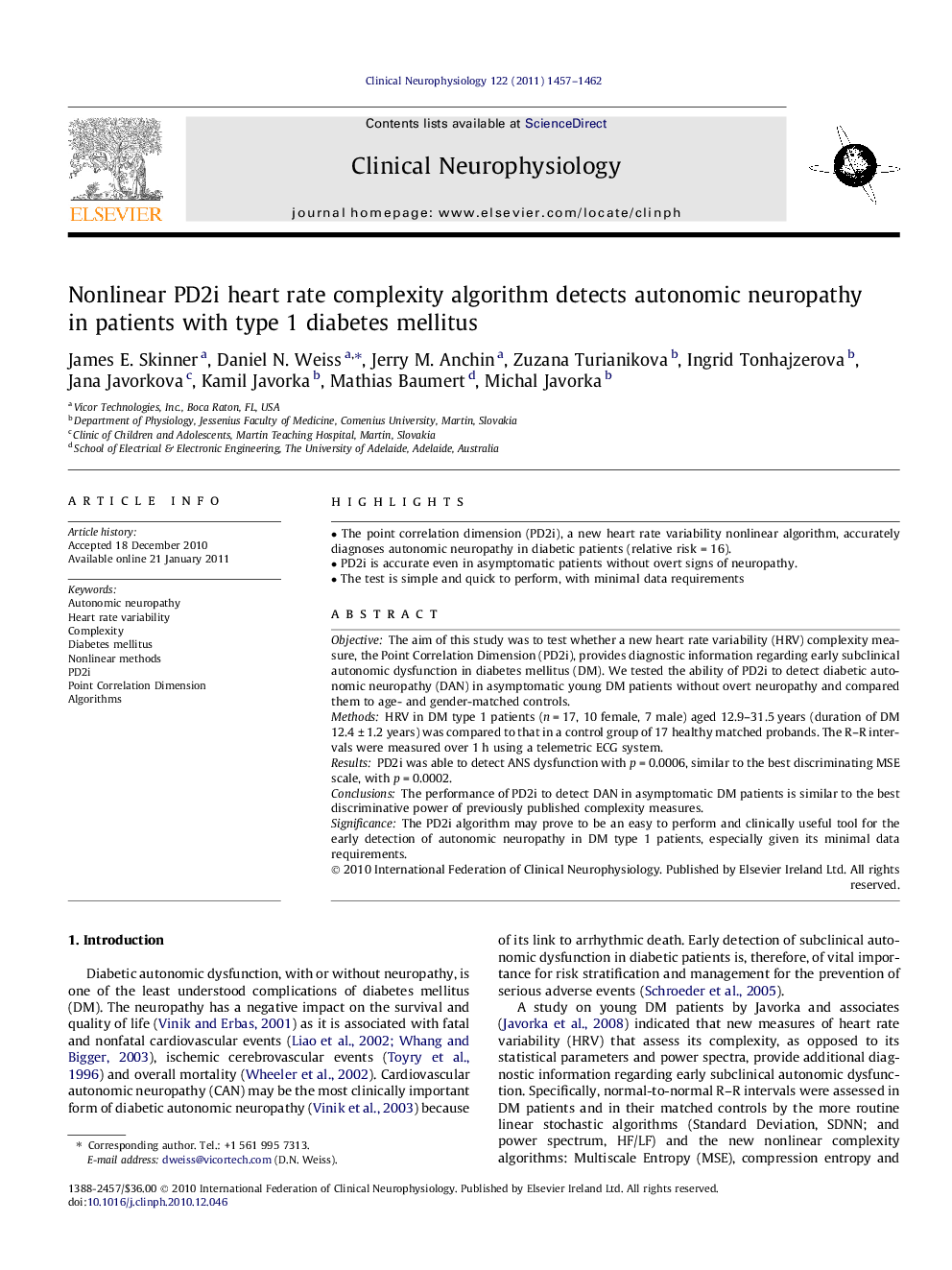 Nonlinear PD2i heart rate complexity algorithm detects autonomic neuropathy in patients with type 1 diabetes mellitus