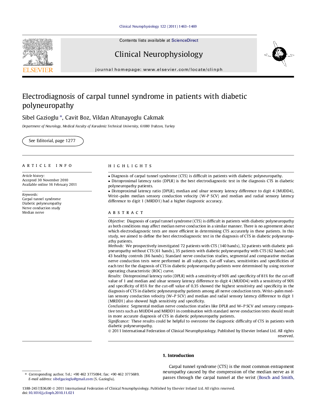 Electrodiagnosis of carpal tunnel syndrome in patients with diabetic polyneuropathy