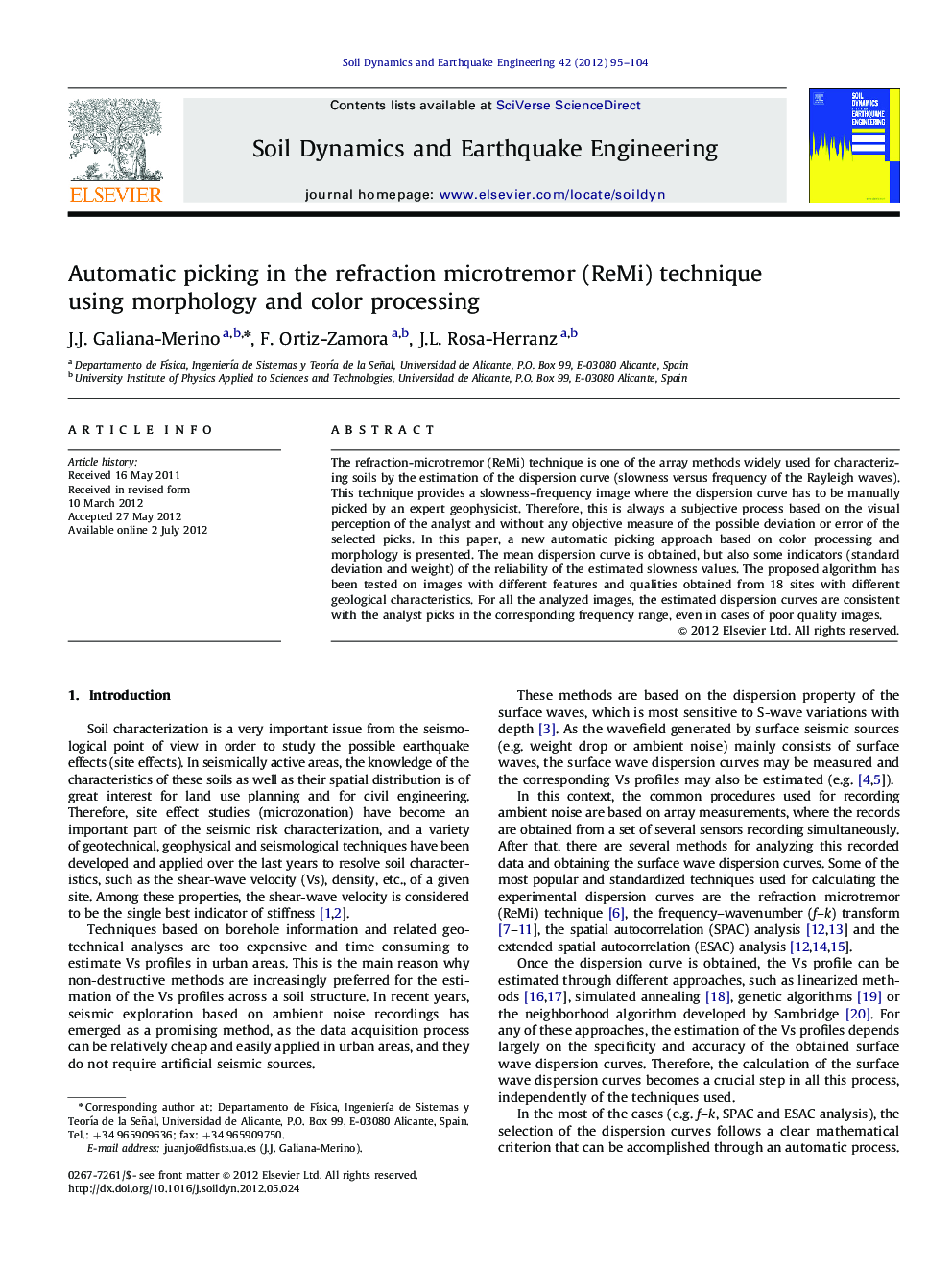 عکس صفحه اول مقاله: Automatic picking in the refraction microtremor (ReMi) technique using morphology and color processing Automatic picking in the refraction microtremor (ReMi) technique using morphology and color processing