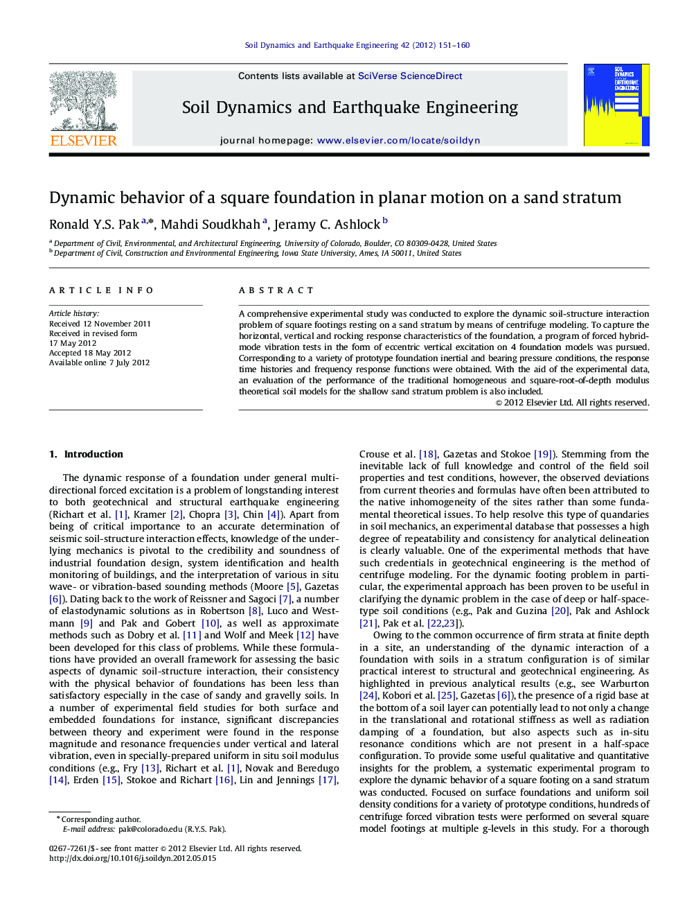 عکس صفحه اول مقاله: Dynamic behavior of a square foundation in planar motion on a sand stratum Dynamic behavior of a square foundation in planar motion on a sand stratum