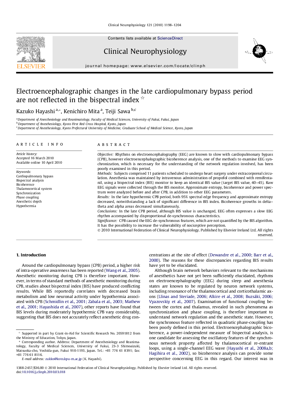 Electroencephalographic changes in the late cardiopulmonary bypass period are not reflected in the bispectral index 