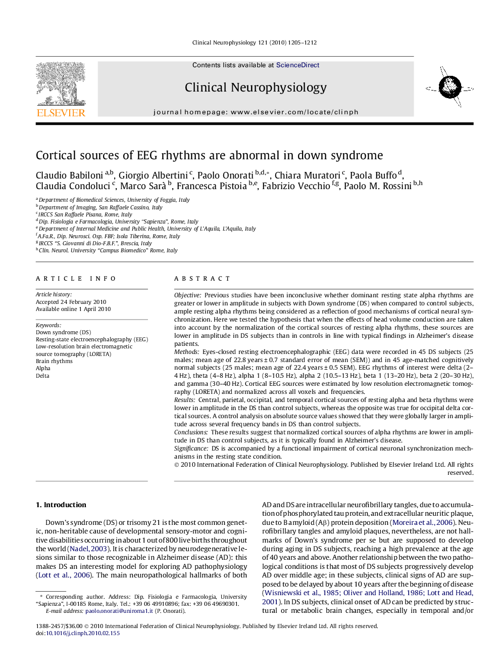 Cortical sources of EEG rhythms are abnormal in down syndrome