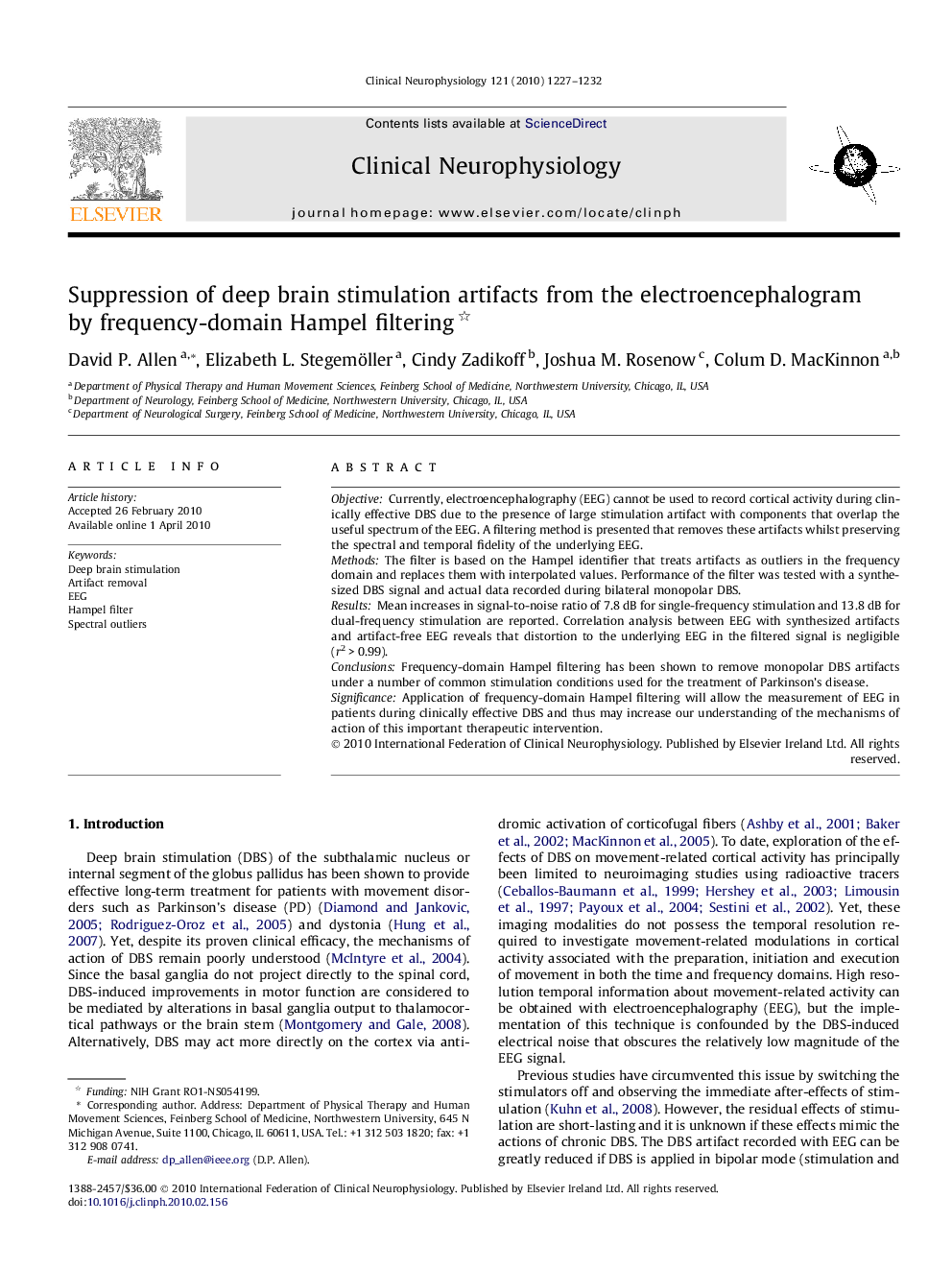 Suppression of deep brain stimulation artifacts from the electroencephalogram by frequency-domain Hampel filtering 