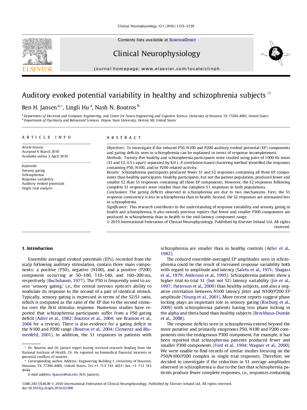 Auditory evoked potential variability in healthy and schizophrenia subjects 