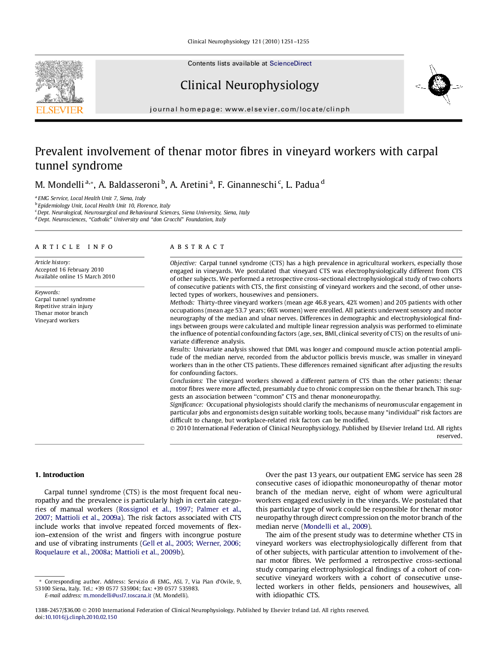 Prevalent involvement of thenar motor fibres in vineyard workers with carpal tunnel syndrome