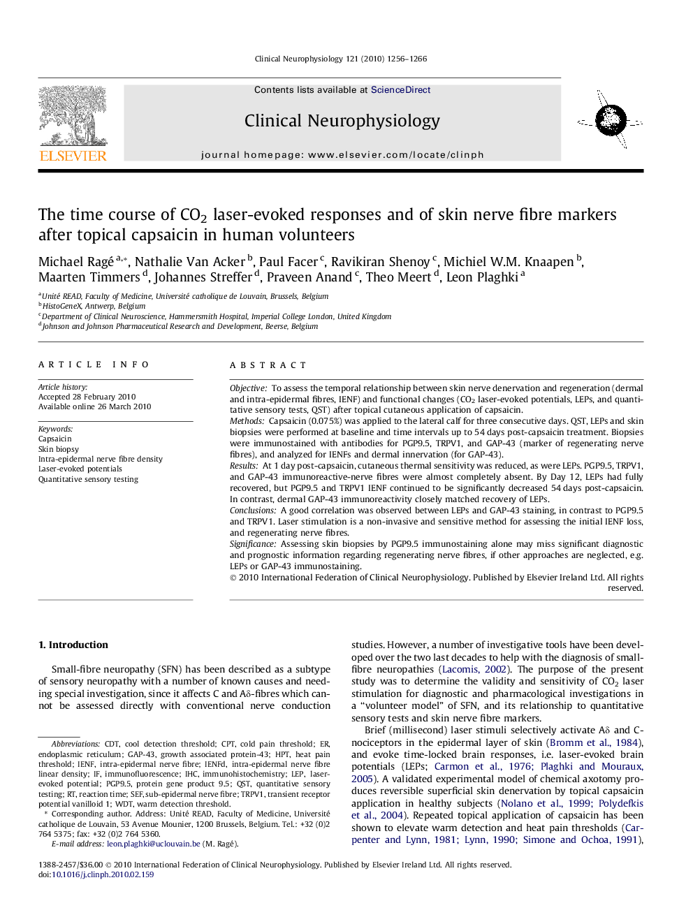 The time course of CO2 laser-evoked responses and of skin nerve fibre markers after topical capsaicin in human volunteers