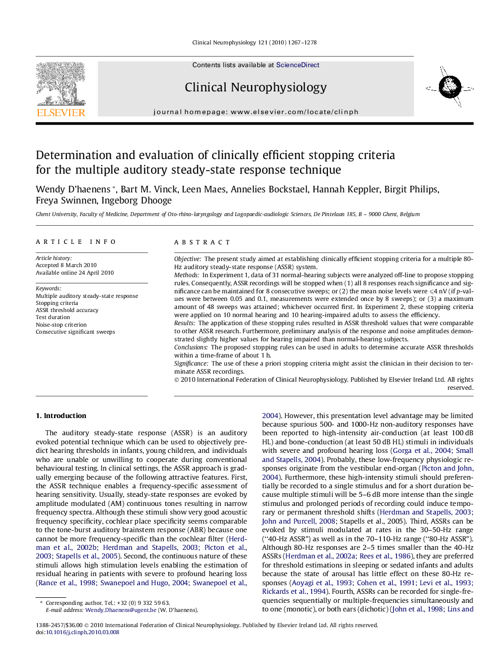 Determination and evaluation of clinically efficient stopping criteria for the multiple auditory steady-state response technique