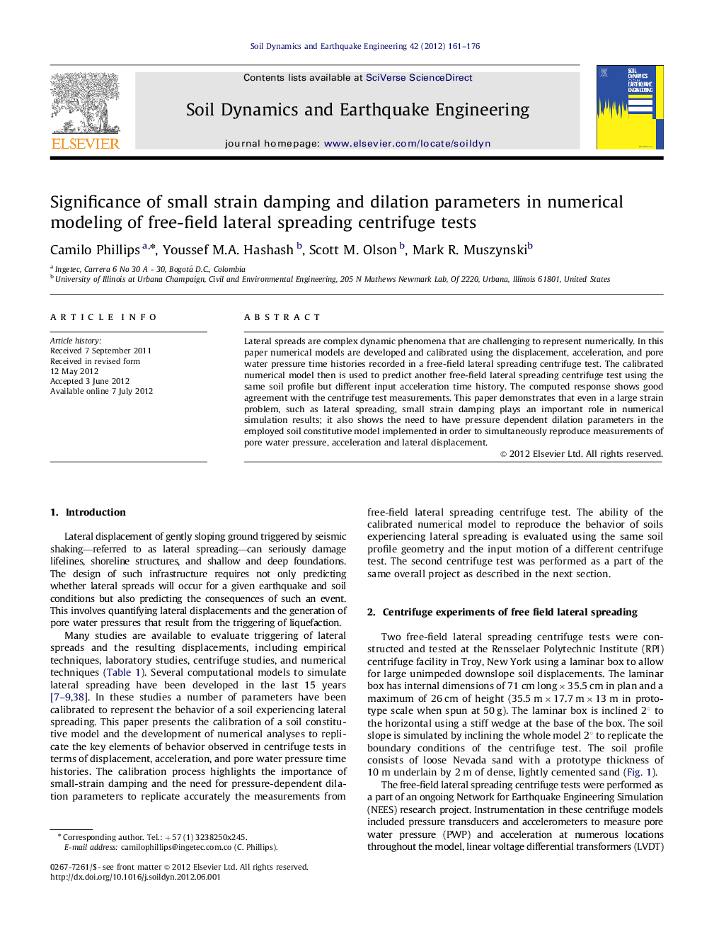 عکس صفحه اول مقاله: Significance of small strain damping and dilation parameters in numerical modeling of free-field lateral spreading centrifuge tests Significance of small strain damping and dilation parameters in numerical modeling of free-field lateral spreading centrifuge tests