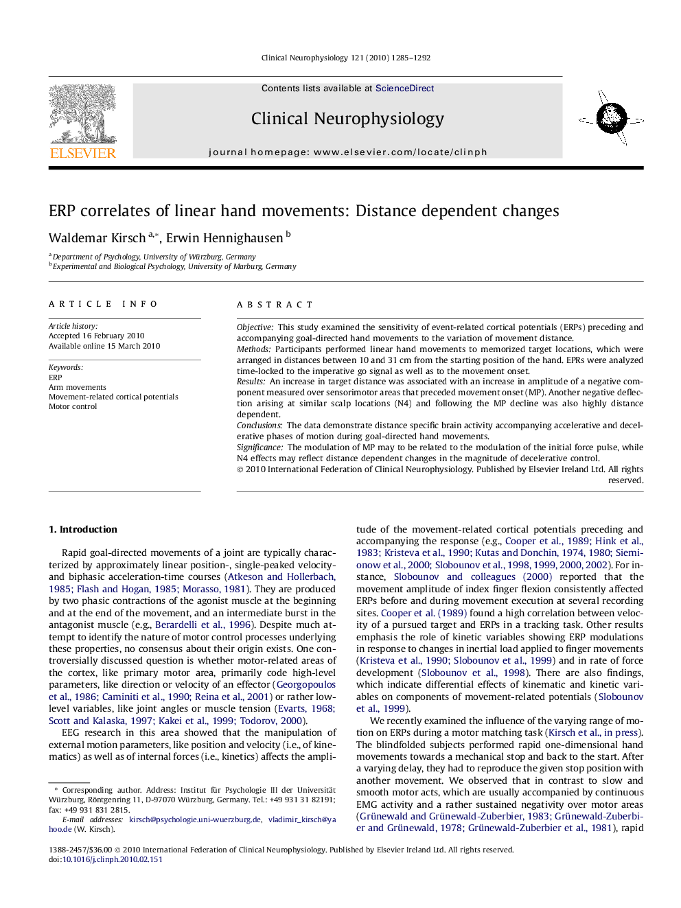 ERP correlates of linear hand movements: Distance dependent changes