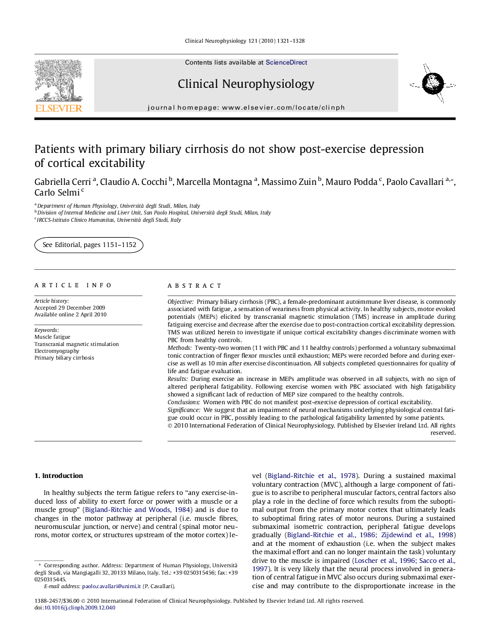 Patients with primary biliary cirrhosis do not show post-exercise depression of cortical excitability