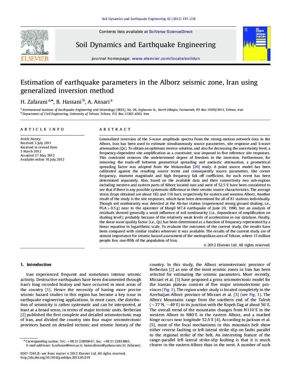 عکس صفحه اول مقاله: Estimation of earthquake parameters in the Alborz seismic zone, Iran using generalized inversion method Estimation of earthquake parameters in the Alborz seismic zone, Iran using generalized inversion method