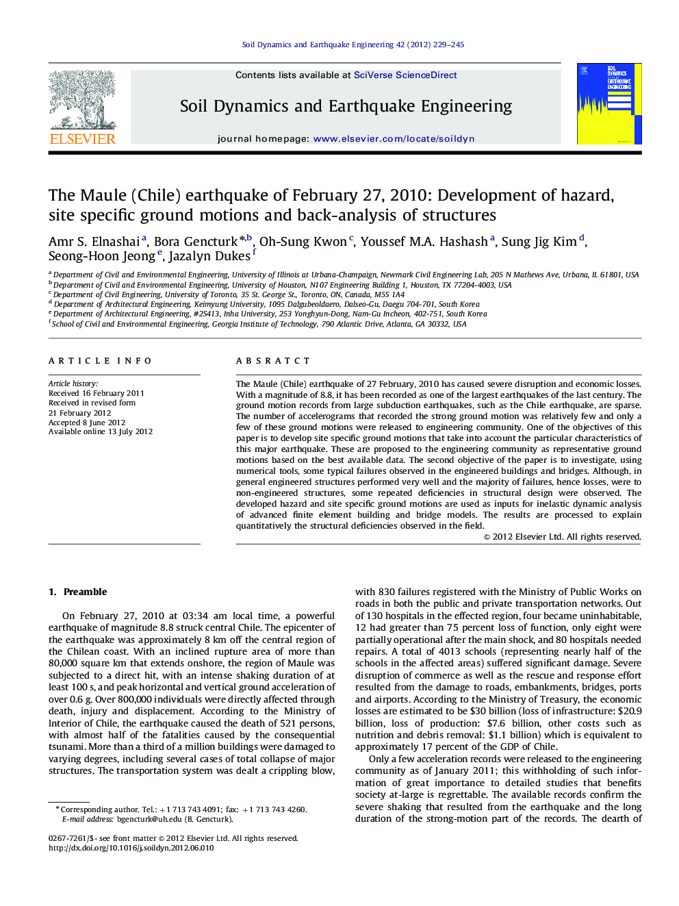 عکس صفحه اول مقاله: The Maule (Chile) earthquake of February 27, 2010: Development of hazard, site specific ground motions and back-analysis of structures The Maule (Chile) earthquake of February 27, 2010: Development of hazard, site specific ground motions and back-analysis of structures