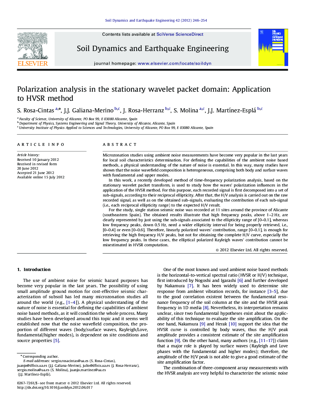 عکس صفحه اول مقاله: Polarization analysis in the stationary wavelet packet domain: Application to HVSR method Polarization analysis in the stationary wavelet packet domain: Application to HVSR method