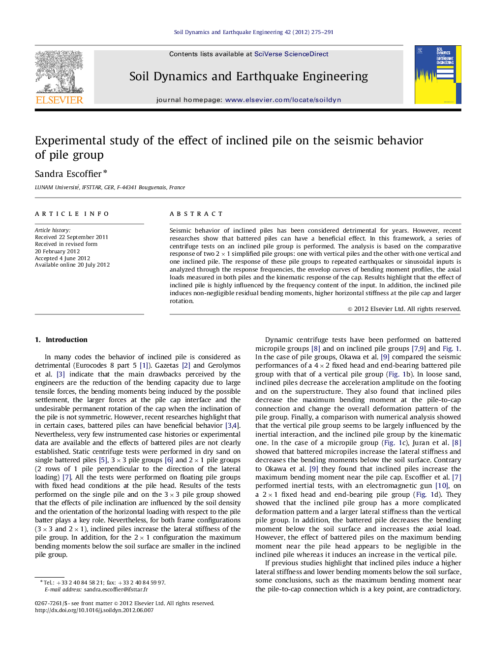 عکس صفحه اول مقاله: Experimental study of the effect of inclined pile on the seismic behavior of pile group Experimental study of the effect of inclined pile on the seismic behavior of pile group