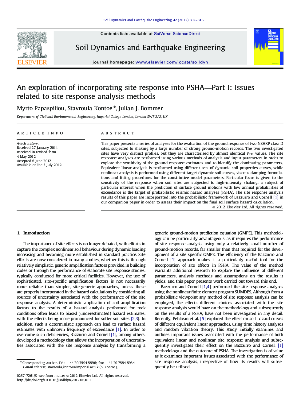 عکس صفحه اول مقاله: An exploration of incorporating site response into PSHA—Part I: Issues related to site response analysis methods An exploration of incorporating site response into PSHA—Part I: Issues related to site response analysis methods