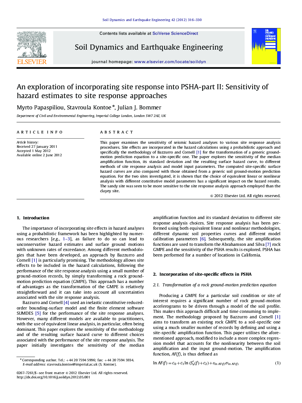 عکس صفحه اول مقاله: An exploration of incorporating site response into PSHA-part II: Sensitivity of hazard estimates to site response approaches An exploration of incorporating site response into PSHA-part II: Sensitivity of hazard estimates to site response approaches
