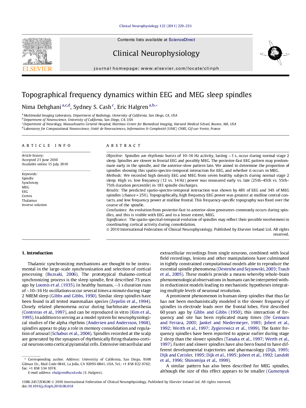 Topographical frequency dynamics within EEG and MEG sleep spindles