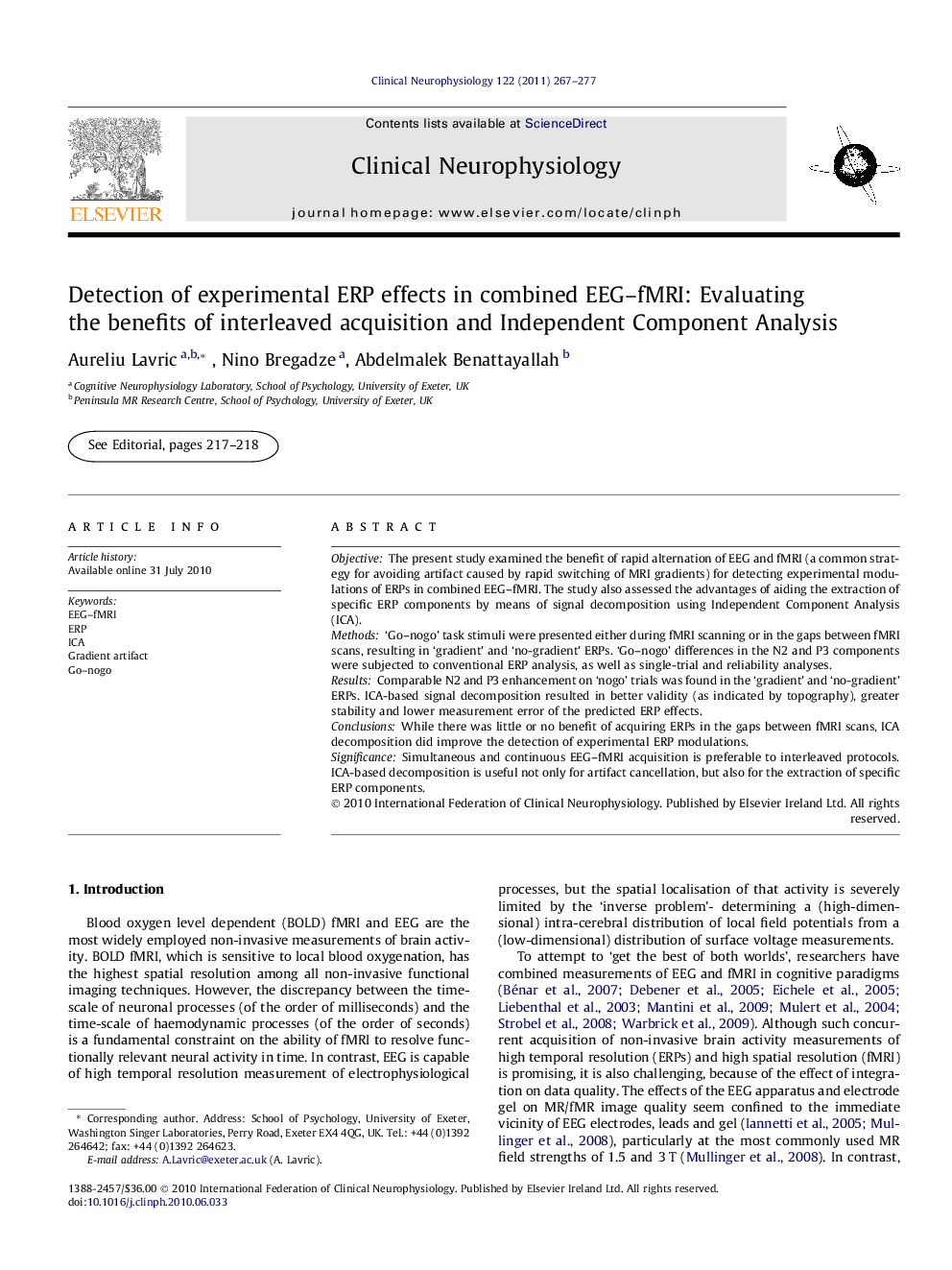 Detection of experimental ERP effects in combined EEG-fMRI: Evaluating the benefits of interleaved acquisition and Independent Component Analysis