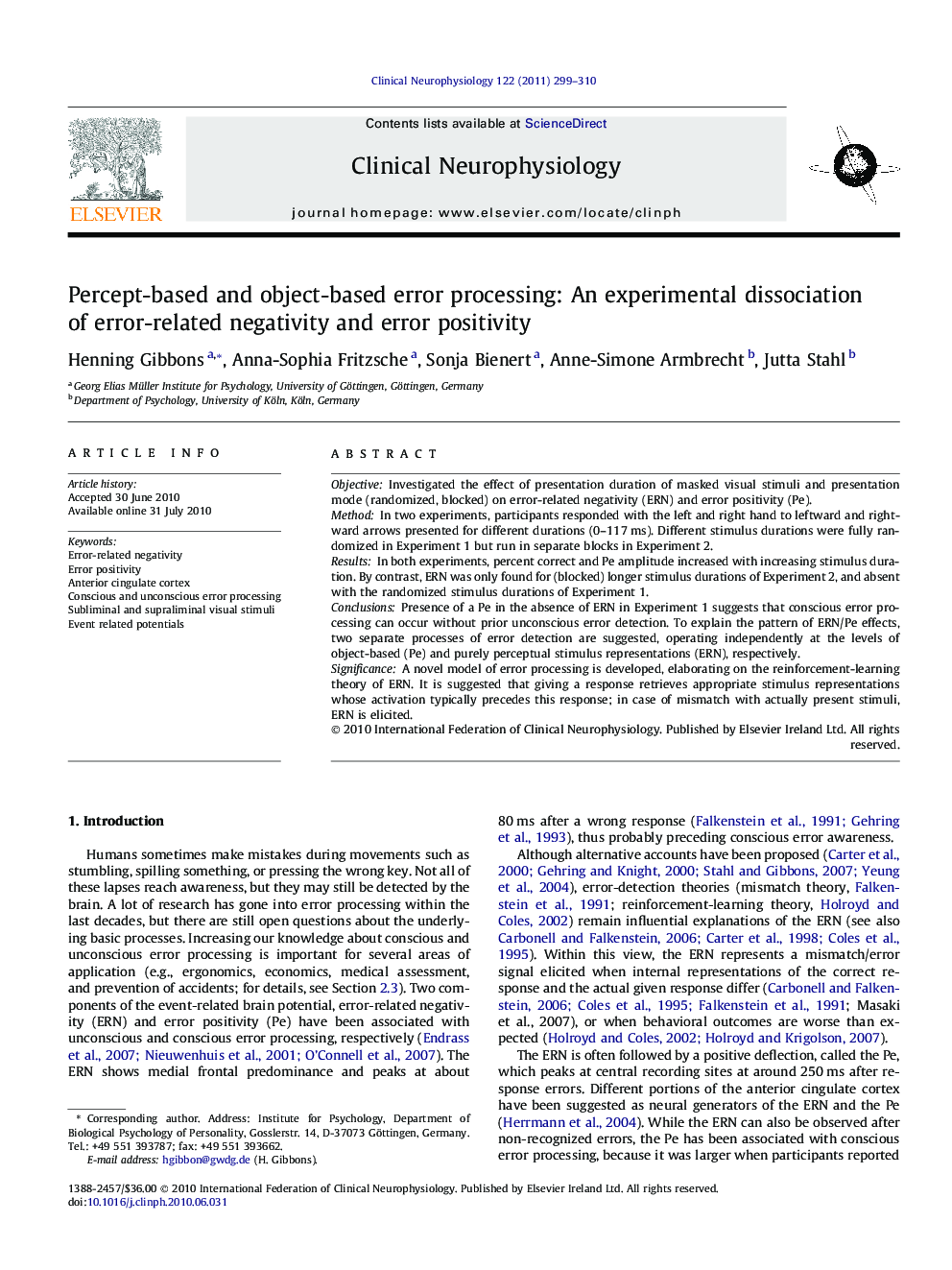 Percept-based and object-based error processing: An experimental dissociation of error-related negativity and error positivity