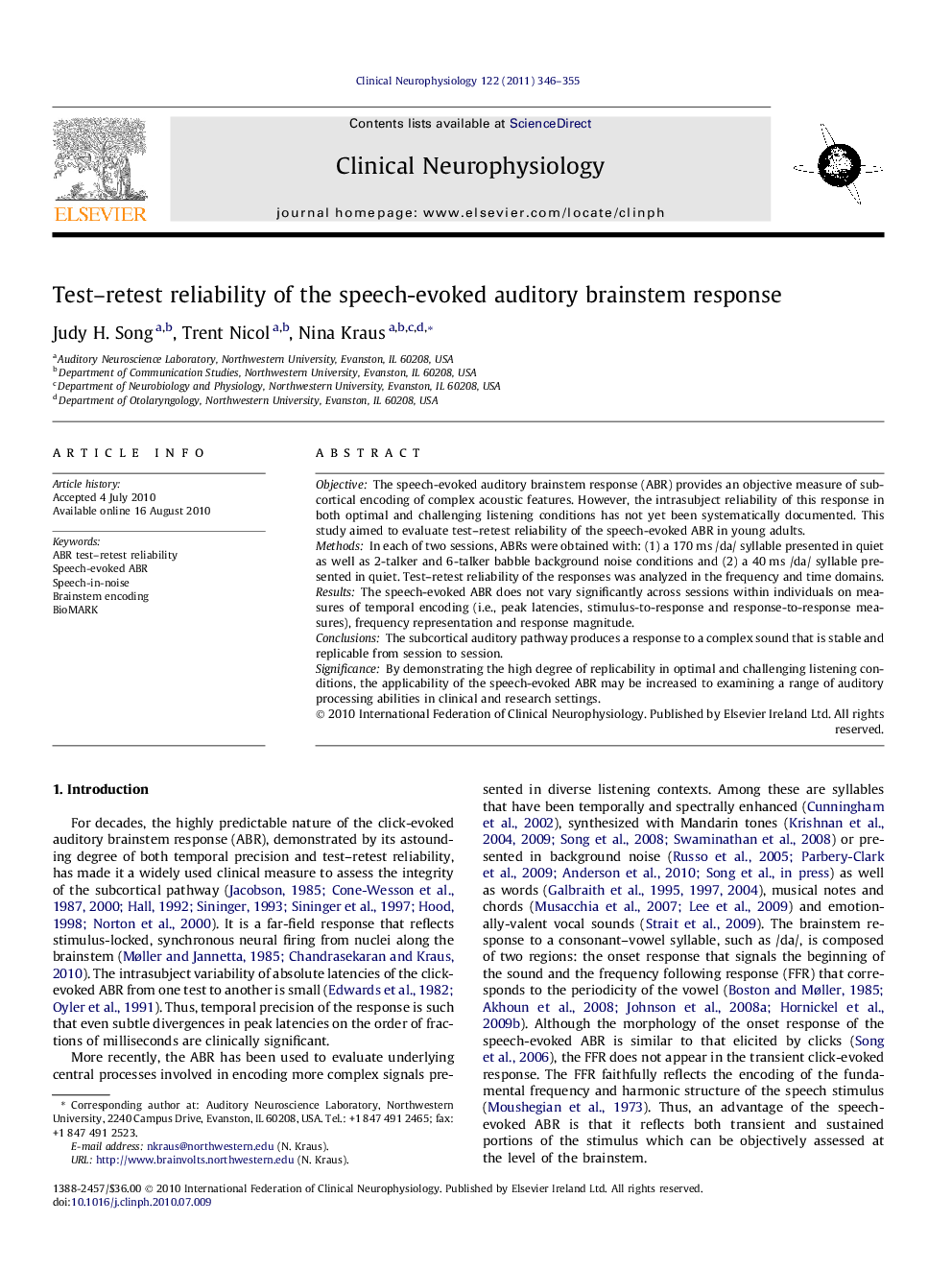 Test–retest reliability of the speech-evoked auditory brainstem response