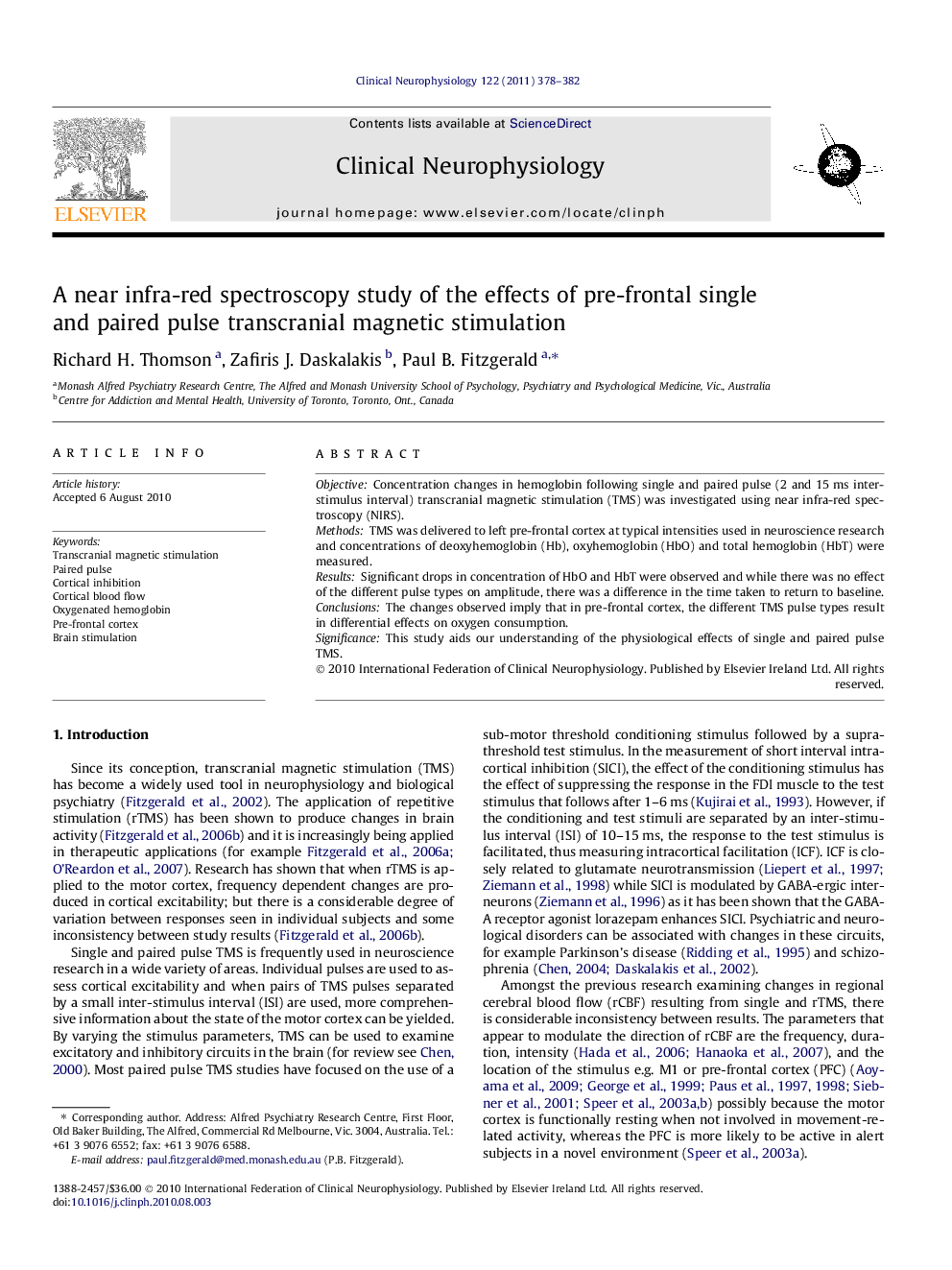 A near infra-red spectroscopy study of the effects of pre-frontal single and paired pulse transcranial magnetic stimulation