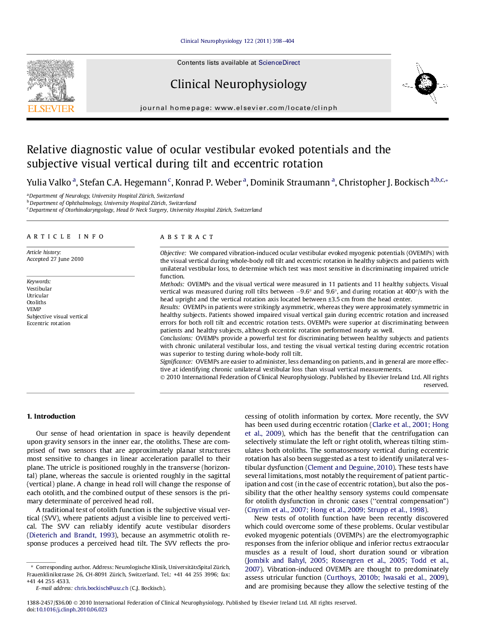 Relative diagnostic value of ocular vestibular evoked potentials and the subjective visual vertical during tilt and eccentric rotation