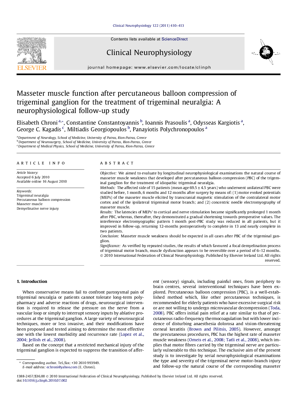 Masseter muscle function after percutaneous balloon compression of trigeminal ganglion for the treatment of trigeminal neuralgia: A neurophysiological follow-up study