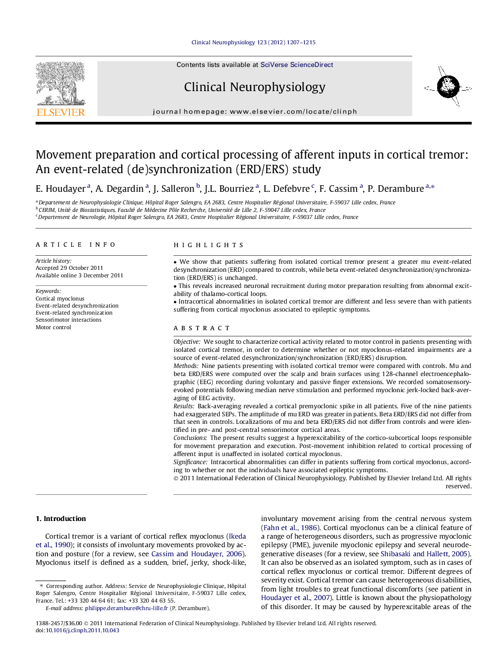 Movement preparation and cortical processing of afferent inputs in cortical tremor: An event-related (de)synchronization (ERD/ERS) study