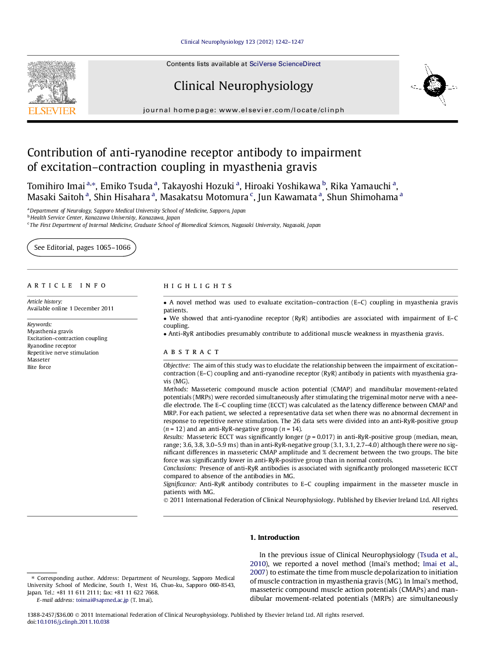 Contribution of anti-ryanodine receptor antibody to impairment of excitation–contraction coupling in myasthenia gravis