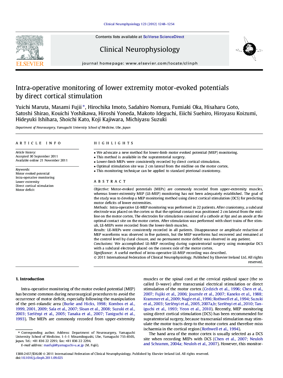 Intra-operative monitoring of lower extremity motor-evoked potentials by direct cortical stimulation