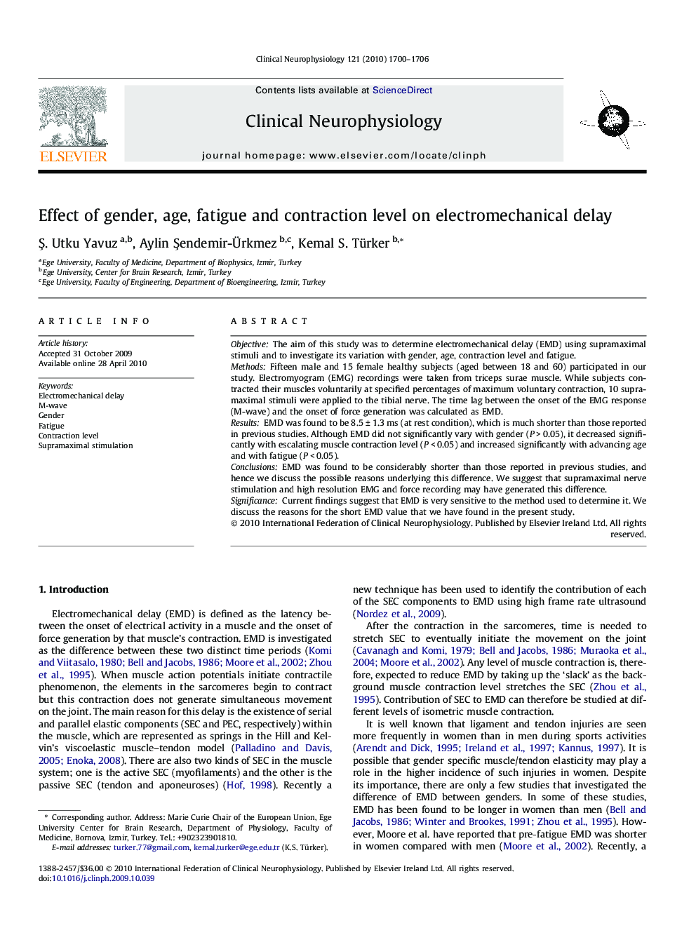 Effect of gender, age, fatigue and contraction level on electromechanical delay