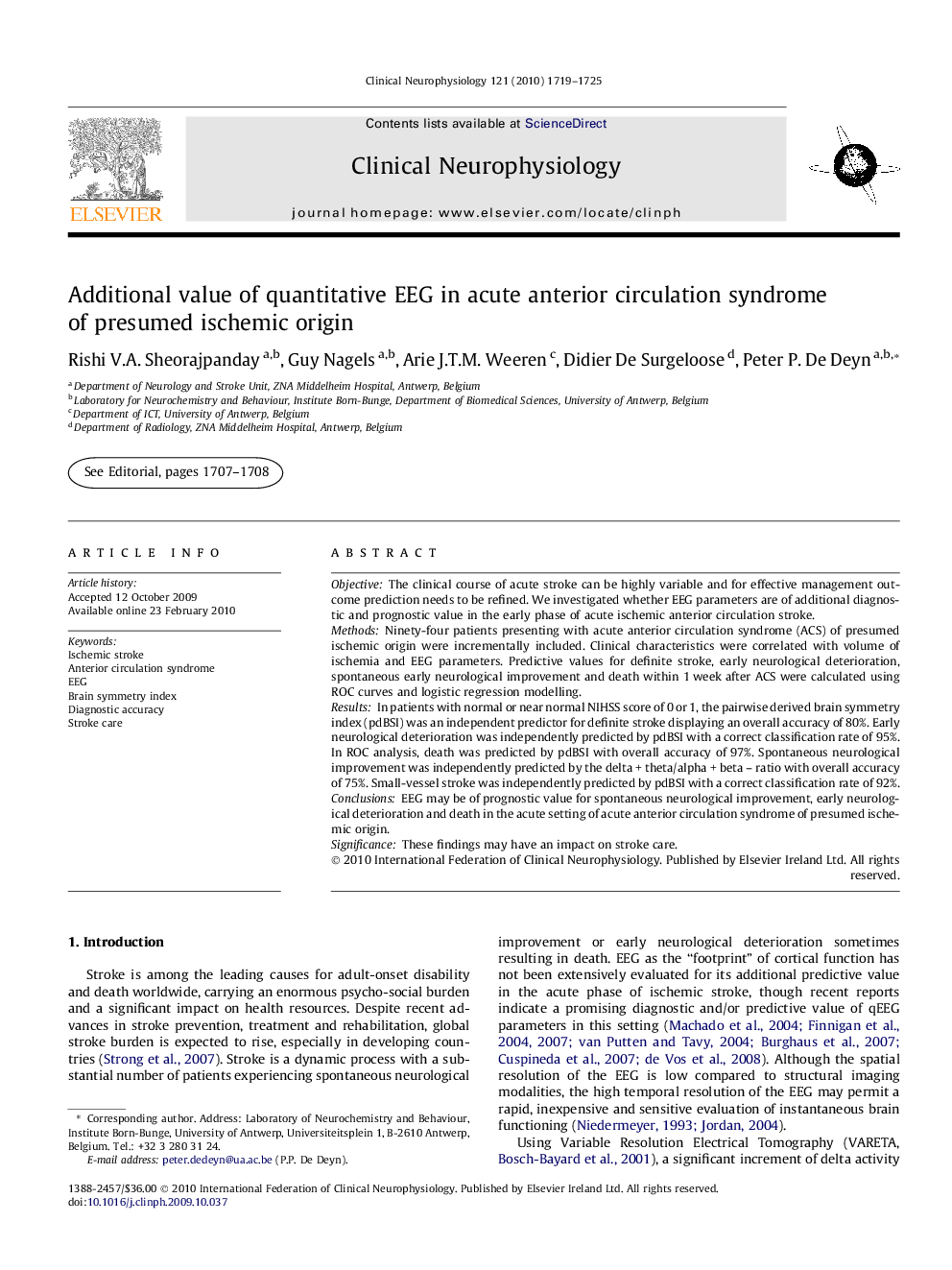 Additional value of quantitative EEG in acute anterior circulation syndrome of presumed ischemic origin