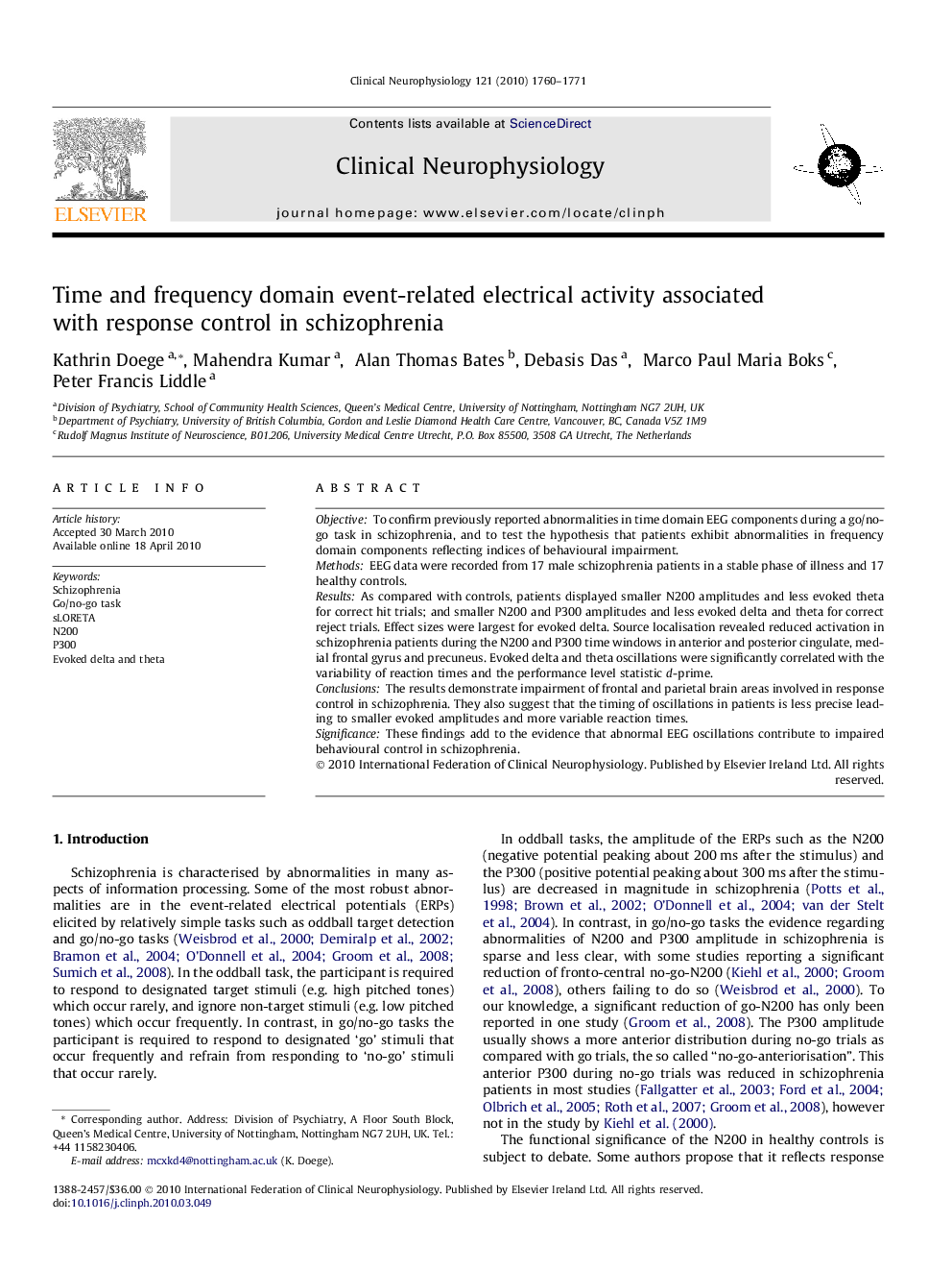 Time and frequency domain event-related electrical activity associated with response control in schizophrenia