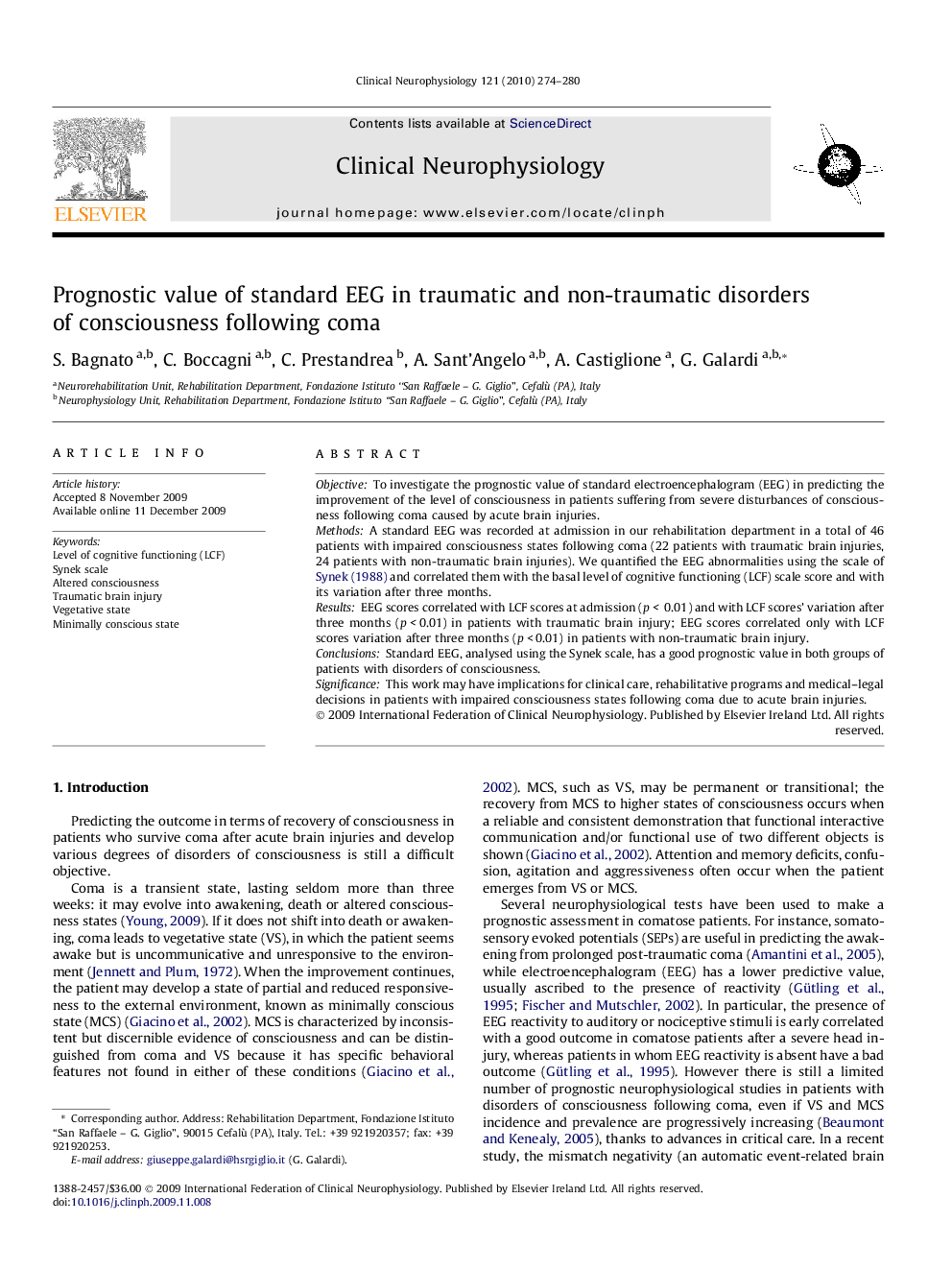 Prognostic value of standard EEG in traumatic and non-traumatic disorders of consciousness following coma