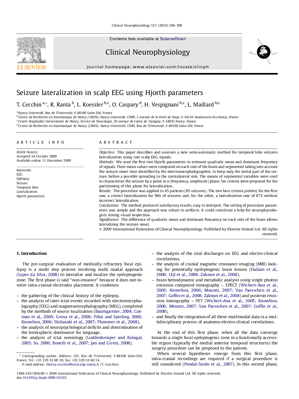 Seizure lateralization in scalp EEG using Hjorth parameters