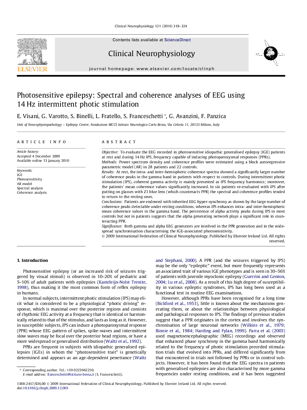 Photosensitive epilepsy: Spectral and coherence analyses of EEG using 14 Hz intermittent photic stimulation