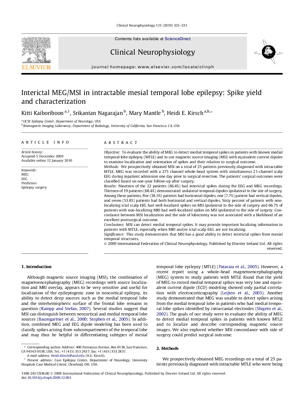 Interictal MEG/MSI in intractable mesial temporal lobe epilepsy: Spike yield and characterization