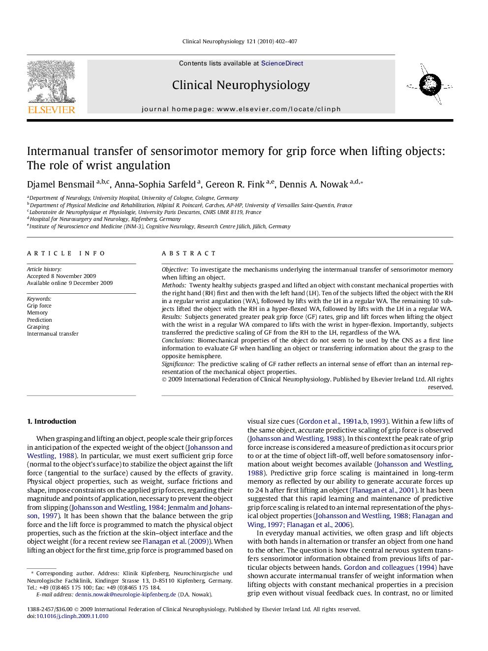 Intermanual transfer of sensorimotor memory for grip force when lifting objects: The role of wrist angulation