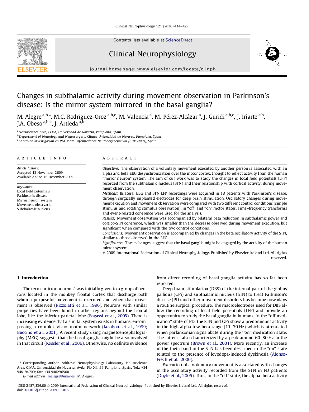 Changes in subthalamic activity during movement observation in Parkinson’s disease: Is the mirror system mirrored in the basal ganglia?