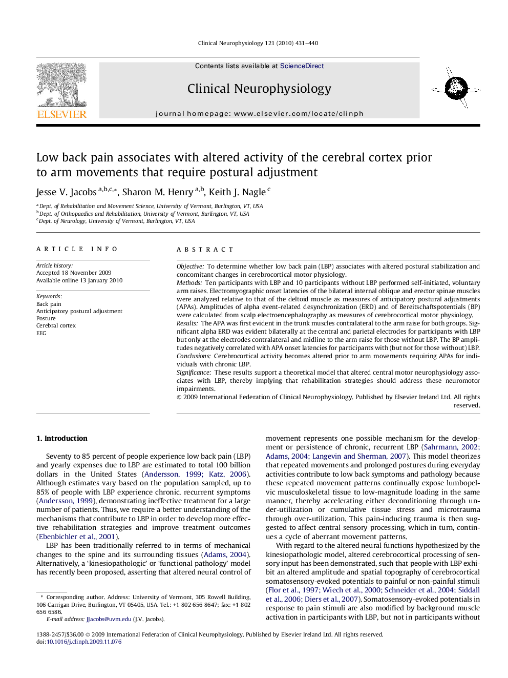 Low back pain associates with altered activity of the cerebral cortex prior to arm movements that require postural adjustment