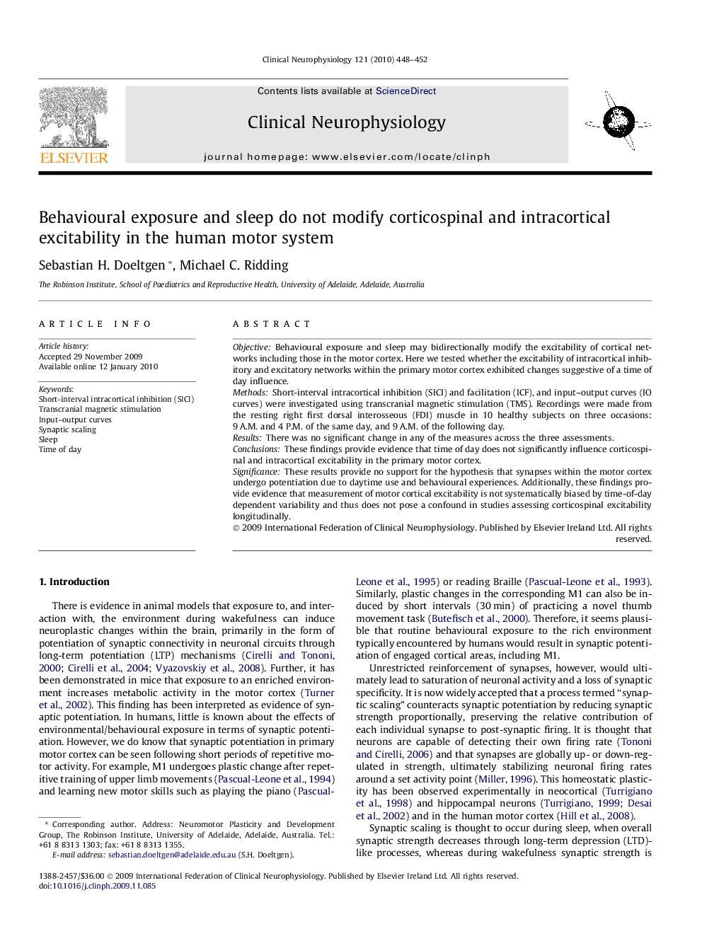 Behavioural exposure and sleep do not modify corticospinal and intracortical excitability in the human motor system