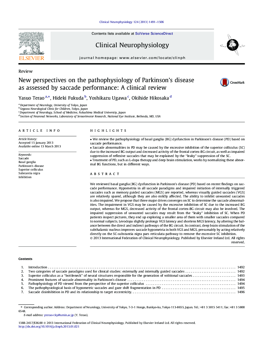 New perspectives on the pathophysiology of Parkinson’s disease as assessed by saccade performance: A clinical review