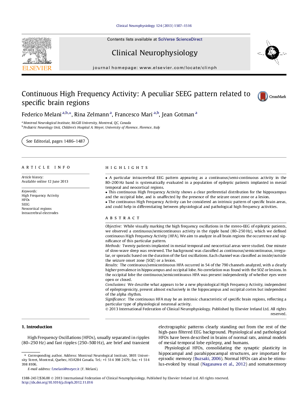 Continuous High Frequency Activity: A peculiar SEEG pattern related to specific brain regions