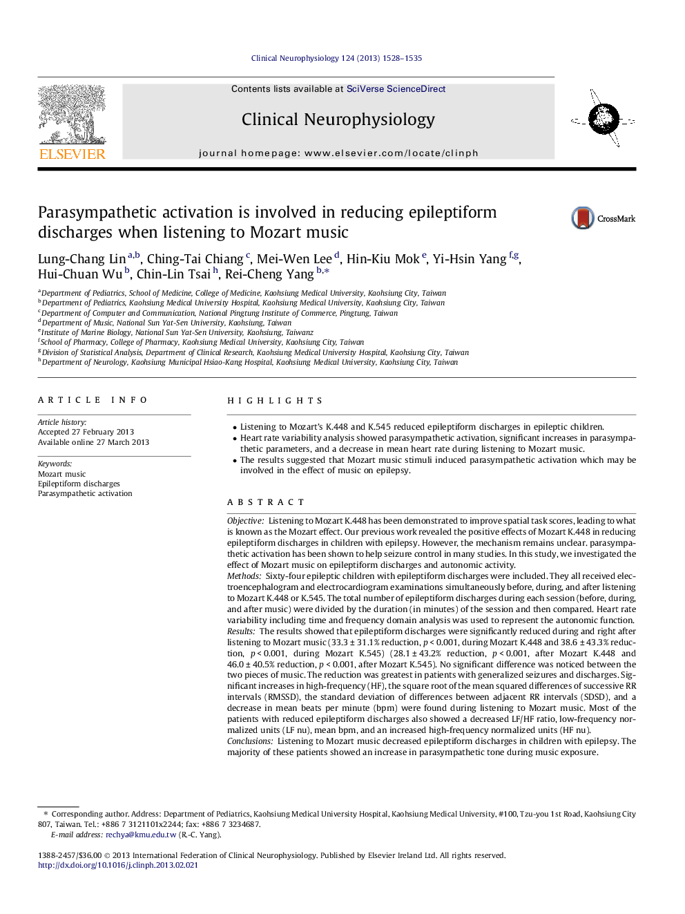 Parasympathetic activation is involved in reducing epileptiform discharges when listening to Mozart music