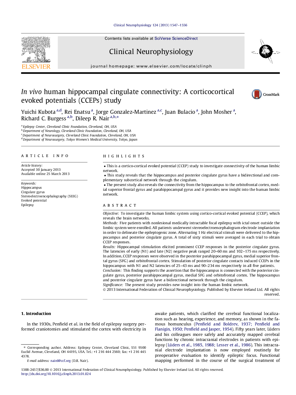 In vivo human hippocampal cingulate connectivity: A corticocortical evoked potentials (CCEPs) study