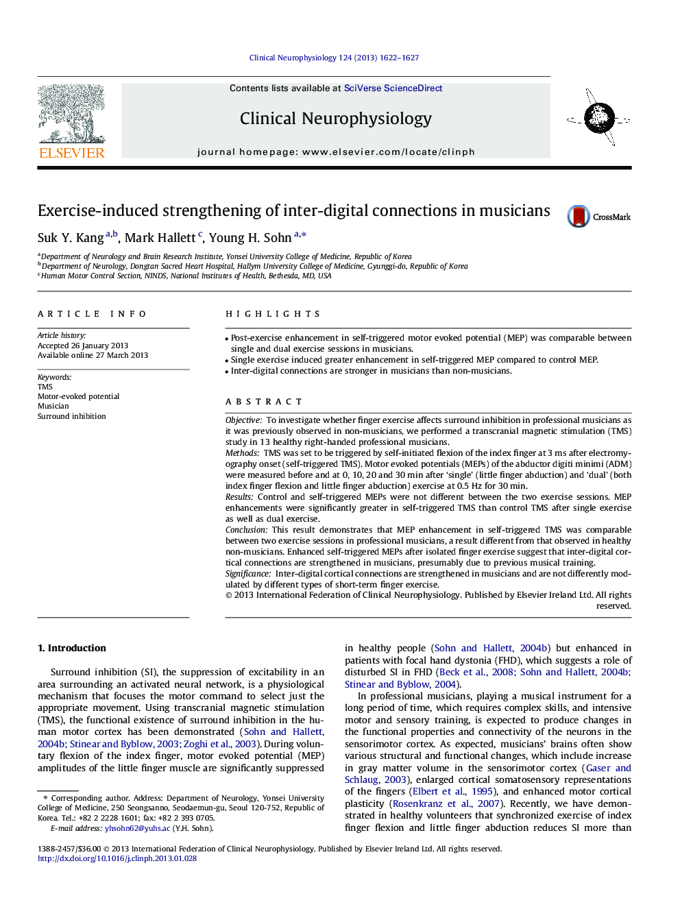 Exercise-induced strengthening of inter-digital connections in musicians